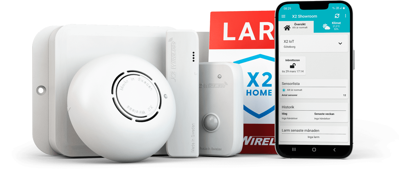 X2 Home – hub, rökdetektor, dörrsensor, rörelsesensor, fasadskylt, mobilapp